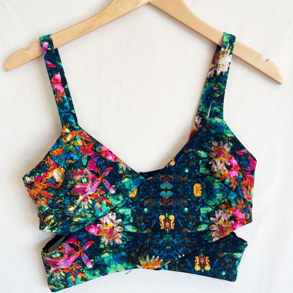 Tropical Green Print Side Slits Low Cut Bralette